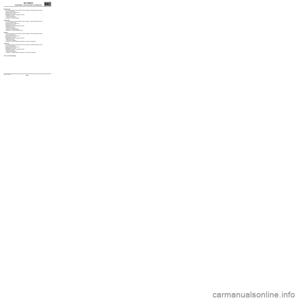 RENAULT SCENIC 2008 J84 / 2.G Electrical Equipment - Multimedia Workshop Manual 86C-7
MR-372-J84-86C100$222.mif
V2
86C
MULTIMEDIA
Fault finding - List and location of components
Espace IV ph2
–LPN* radionavigation computer (MP3 CD radio- Navigation - Bluetooth telephone system) RENAULT SCENIC 2008 J84 / 2.G Electrical Equipment - Multimedia Workshop Manual 86C-7
MR-372-J84-86C100$222.mif
V2
86C
MULTIMEDIA
Fault finding - List and location of components
Espace IV ph2
–LPN* radionavigation computer (MP3 CD radio- Navigation - Bluetooth telephone system)