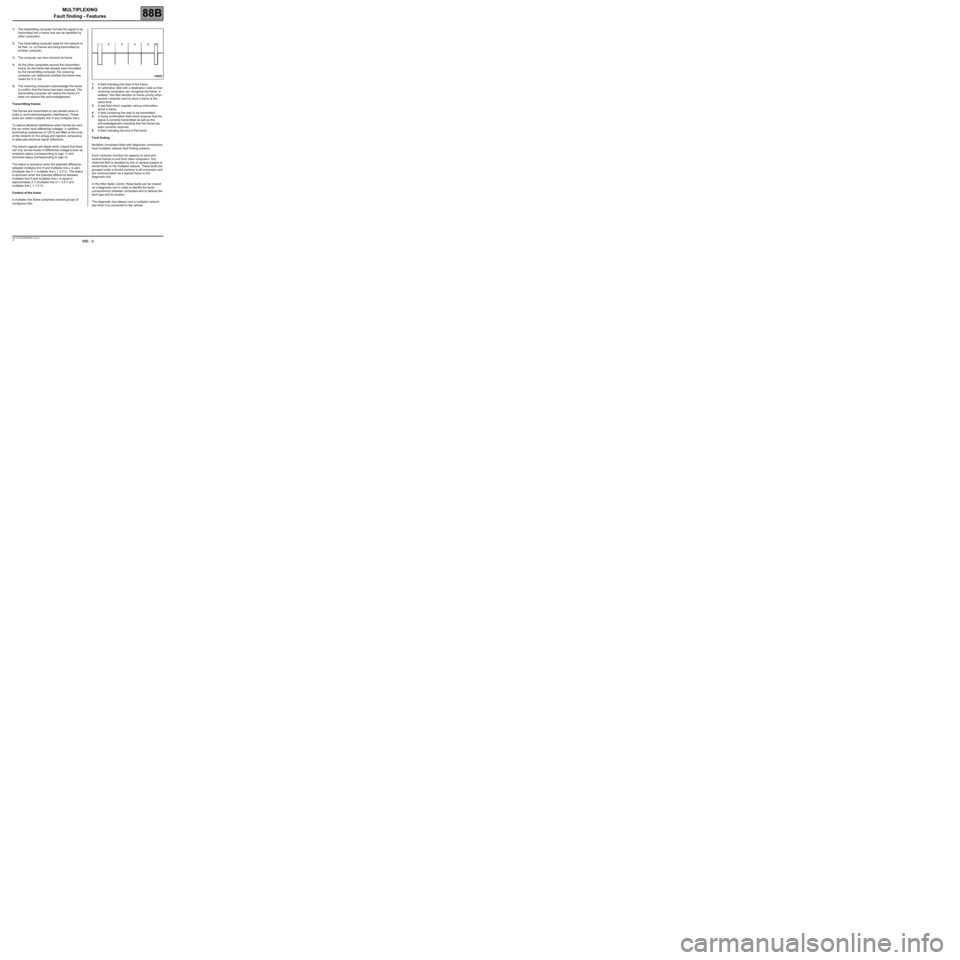 RENAULT SCENIC 2008 J84 / 2.G Electrical Equipment - Multiplexing Workshop Manual MULTIPLEXING
Fault finding - Features
88B - 9
88B
V4 MR-372-J84-88B050$400_eng.mif
1)    The transmitting computer formats the signal to be 
transmitted into a frame that can be identified by 
other c