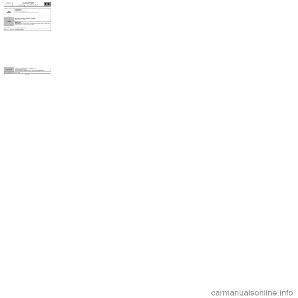 RENAULT SCENIC 2008 J84 / 2.G Gas Injection LPG 3000 Owners Manual 17C-28
MR-372-J84-17C000$354.mif
V2
GAS INJECTION
Fault finding - Interpretation of faults
LPG 3000 
Program No: AB 
Vdiag No:  08/10
17C
DF022
PRESENT
COMPUTER
1.DEF: Internal electronic fault
2.DEF:
