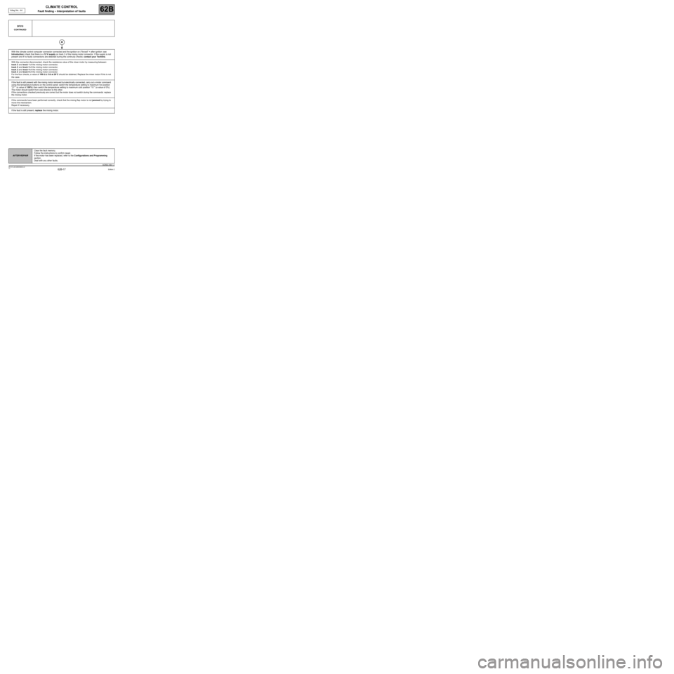 RENAULT SCENIC 2009 J84 / 2.G Air Conditioning Climate Control User Guide 62B-17
CLIMATE CONTROL
Fault finding – Interpretation of faults62B
V3 MR-372-J84-62B000$060.mif
Vdiag No.: 44
DF010
CONTINUED
With the climate control computer connector connected and the ignition o