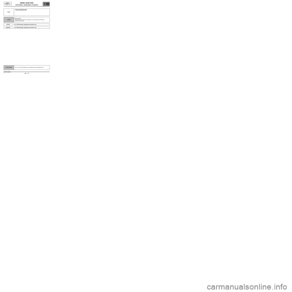 RENAULT SCENIC 2009 J84 / 2.G Engine And Peripherals EDC16 User Guide DIESEL INJECTION
Fault finding – Interpretation of statuses13B
13B - 173V3 MR-372-J84-13B250$630.mif
EDC16
PROGRAM NO.: C1
Vdiag No.: 51
ET003
ENGINE IMMOBILISER
NOTESSpecial notes:
Only perform the