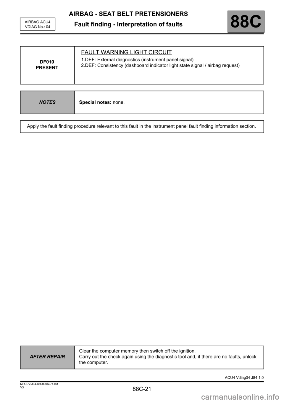 RENAULT SCENIC 2011 J95 / 3.G Air Bag ACU4 - Seat Belt Pretensioners Workshop Manual AIRBAG - SEAT BELT PRETENSIONERS
Fault finding - Interpretation of faults
88C-21
88C
V3 MR-372-J84-88C000$071.mif
AIRBAG ACU4
VDIAG No.: 04
DF010 
PRESENT
FAULT WARNING LIGHT CIRCUIT
1.DEF: External d