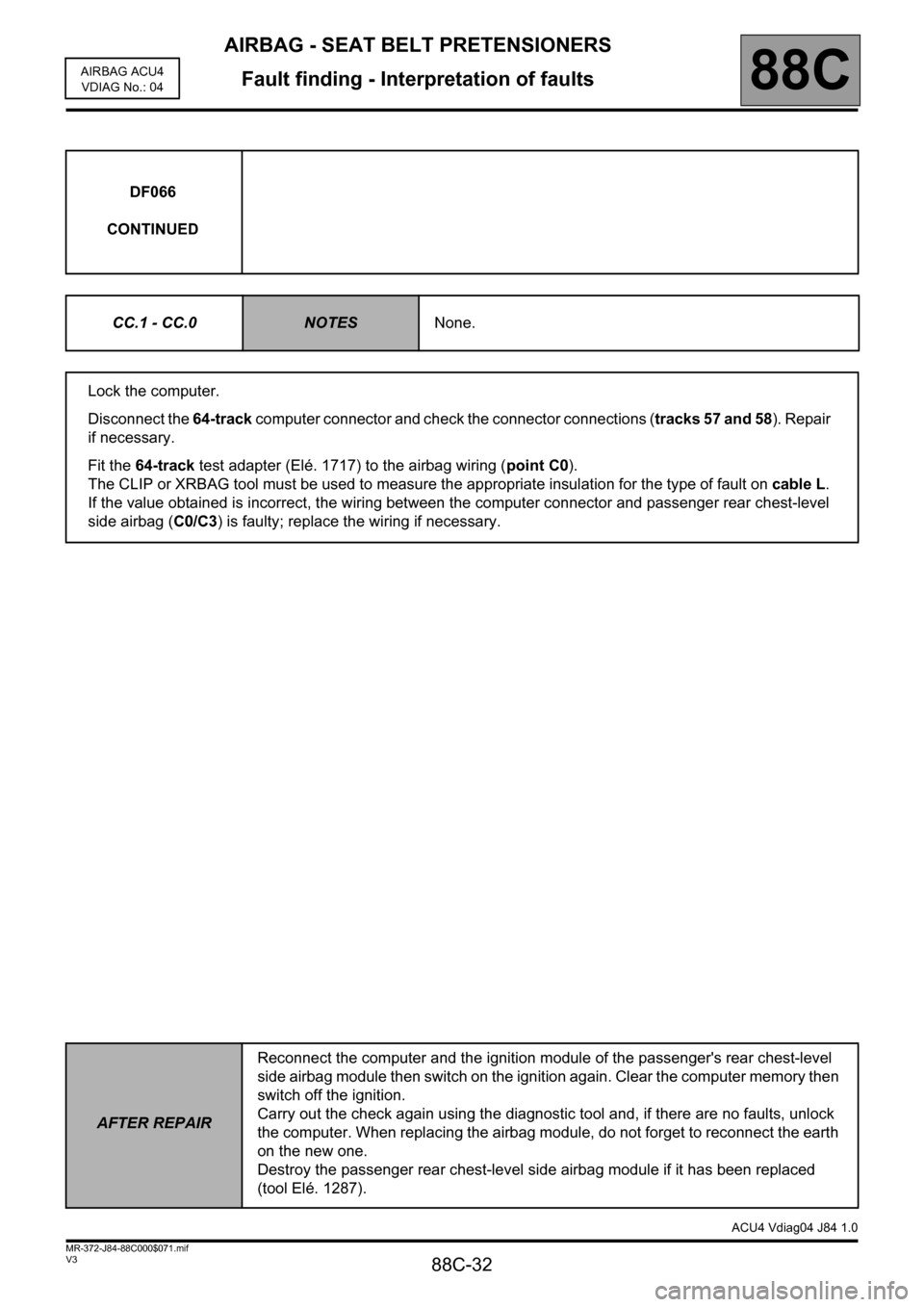 RENAULT SCENIC 2011 J95 / 3.G Air Bag ACU4 - Seat Belt Pretensioners Workshop Manual AIRBAG - SEAT BELT PRETENSIONERS
Fault finding - Interpretation of faults
88C-32
88C
V3 MR-372-J84-88C000$071.mif
AIRBAG ACU4
VDIAG No.: 04
DF066
CONTINUED
CC.1 - CC.0
NOTESNone.
Lock the computer.
Di