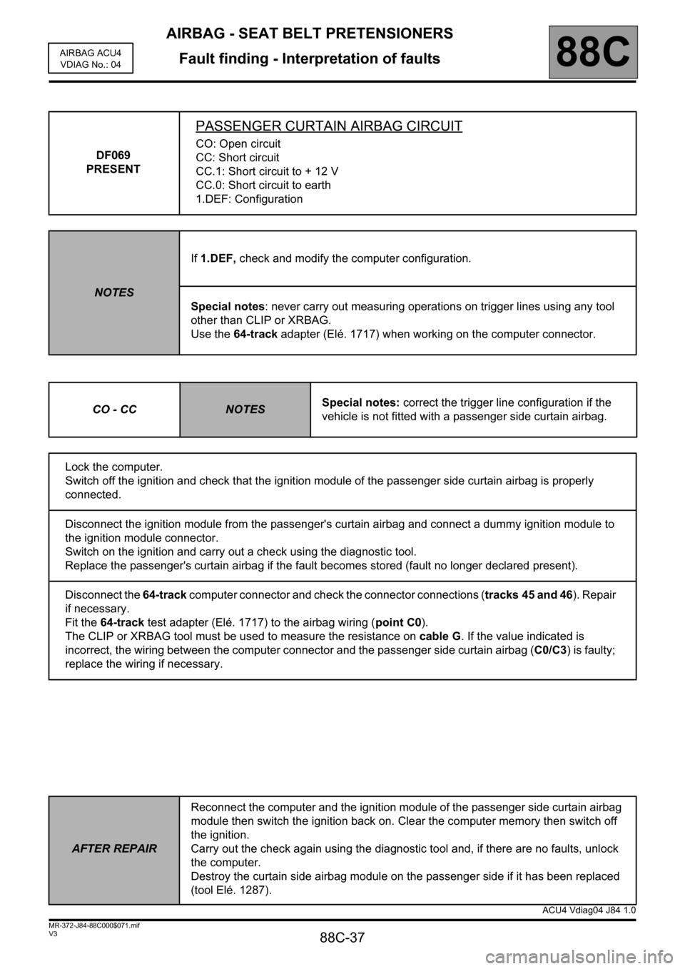 RENAULT SCENIC 2011 J95 / 3.G Air Bag ACU4 - Seat Belt Pretensioners Owners Guide AIRBAG - SEAT BELT PRETENSIONERS
Fault finding - Interpretation of faults
88C-37
88C
V3 MR-372-J84-88C000$071.mif
AIRBAG ACU4
VDIAG No.: 04
DF069 
PRESENT
PASSENGER CURTAIN AIRBAG CIRCUIT
CO: Open cir
