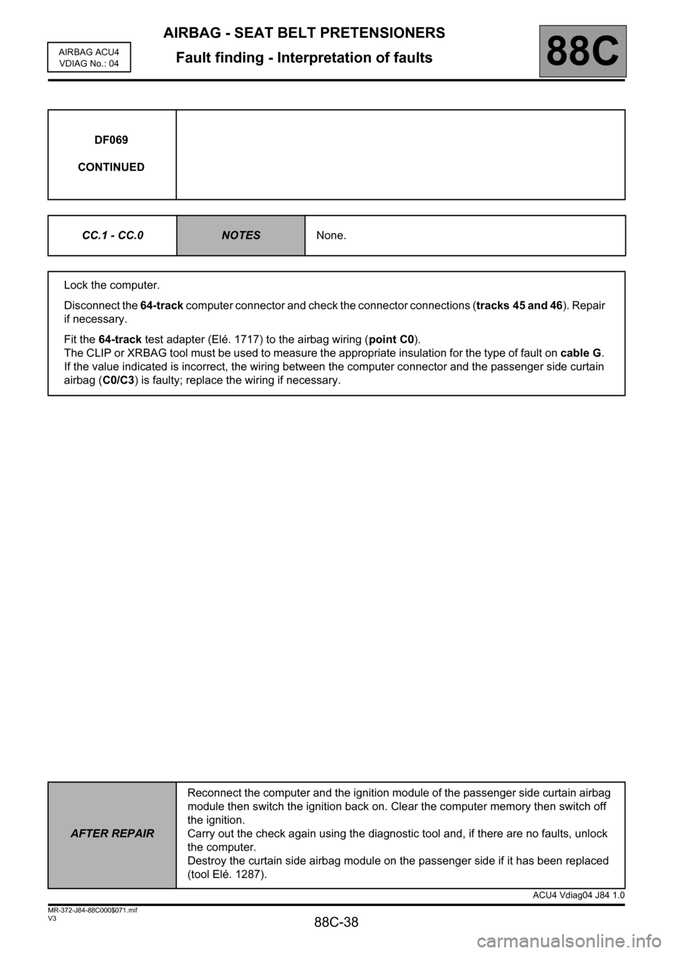 RENAULT SCENIC 2011 J95 / 3.G Air Bag ACU4 - Seat Belt Pretensioners Owners Guide AIRBAG - SEAT BELT PRETENSIONERS
Fault finding - Interpretation of faults
88C-38
88C
V3 MR-372-J84-88C000$071.mif
AIRBAG ACU4
VDIAG No.: 04
DF069
CONTINUED
CC.1 - CC.0
NOTESNone.
Lock the computer.
Di