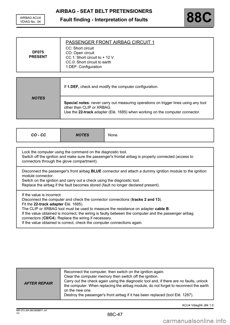 RENAULT SCENIC 2011 J95 / 3.G Air Bag ACU4 - Seat Belt Pretensioners Workshop Manual AIRBAG - SEAT BELT PRETENSIONERS
Fault finding - Interpretation of faults
88C-47
88C
V3 MR-372-J84-88C000$071.mif
AIRBAG ACU4
VDIAG No.: 04
DF075 
PRESENT
PASSENGER FRONT AIRBAG CIRCUIT 1
CC: Short ci