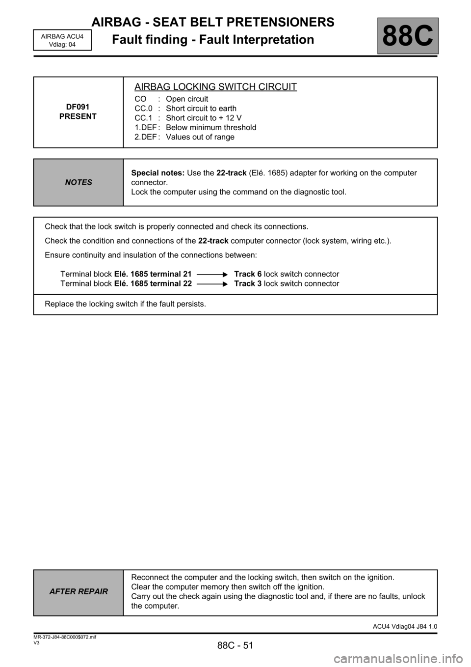 RENAULT SCENIC 2011 J95 / 3.G Air Bag ACU4 - Seat Belt Pretensioners Workshop Manual AIRBAG - SEAT BELT PRETENSIONERS
Fault finding - Fault Interpretation
88C - 51
88C
V3 MR-372-J84-88C000$072.mif
AIRBAG ACU4
Vdiag: 04
DF091 
PRESENT
AIRBAG LOCKING SWITCH CIRCUIT
CO : Open circuit
CC.