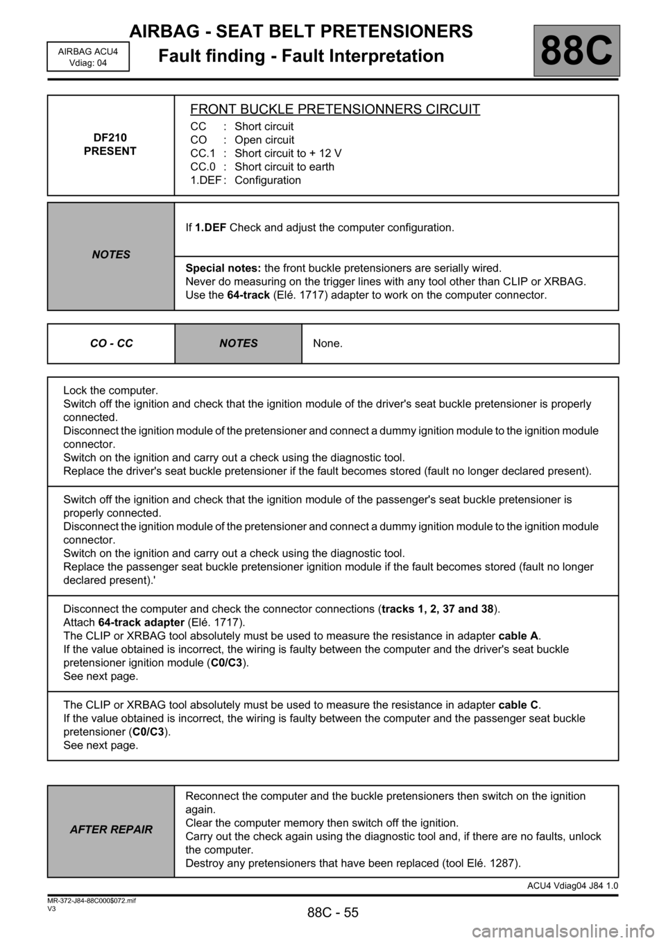 RENAULT SCENIC 2011 J95 / 3.G Air Bag ACU4 - Seat Belt Pretensioners Repair Manual AIRBAG - SEAT BELT PRETENSIONERS
Fault finding - Fault Interpretation
88C - 55
88C
V3 MR-372-J84-88C000$072.mif
AIRBAG ACU4
Vdiag: 04
DF210 
PRESENT
FRONT BUCKLE PRETENSIONNERS CIRCUIT
CC : Short circ