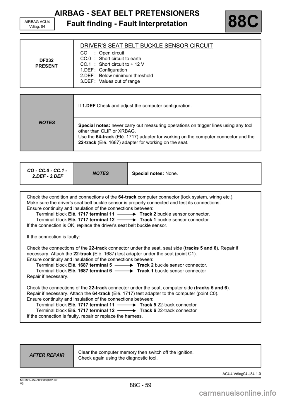 RENAULT SCENIC 2011 J95 / 3.G Air Bag ACU4 - Seat Belt Pretensioners Repair Manual AIRBAG - SEAT BELT PRETENSIONERS
Fault finding - Fault Interpretation
88C - 59
88C
V3 MR-372-J84-88C000$072.mif
AIRBAG ACU4
Vdiag: 04
DF232
PRESENT
DRIVERS SEAT BELT BUCKLE SENSOR CIRCUIT
CO : Open c