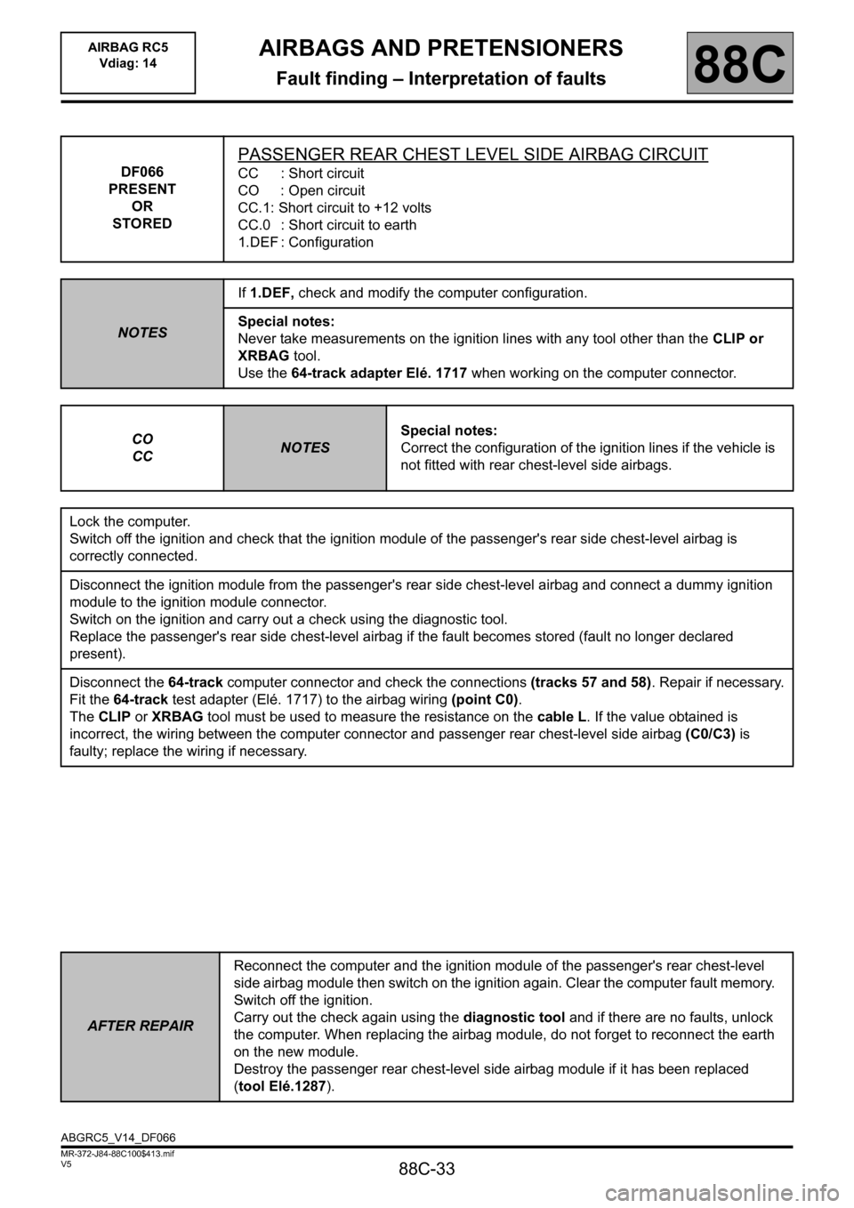 RENAULT SCENIC 2011 J95 / 3.G Air Bag RC5 - Seat Belt Pretensioners Owners Manual 88C-33
MR-372-J84-88C100$413.mif
V5
AIRBAGS AND PRETENSIONERS
Fault finding – Interpretation of faults
AIRBAG RC5 
Vdiag: 14
88C
DF066
PRESENT
OR
STORED
PASSENGER REAR CHEST LEVEL SIDE AIRBAG CIRCUI