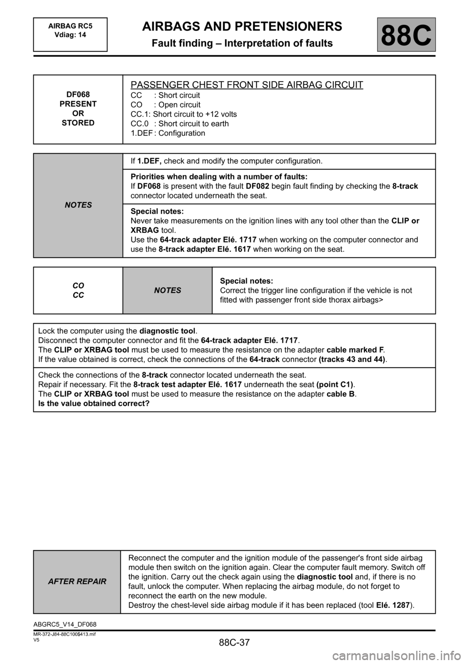 RENAULT SCENIC 2011 J95 / 3.G Air Bag RC5 - Seat Belt Pretensioners Owners Manual 88C-37
MR-372-J84-88C100$413.mif
V5
AIRBAGS AND PRETENSIONERS
Fault finding – Interpretation of faults
AIRBAG RC5 
Vdiag: 14
88C
  
DF068
PRESENT
OR
STORED
PASSENGER CHEST FRONT SIDE AIRBAG CIRCUIT
