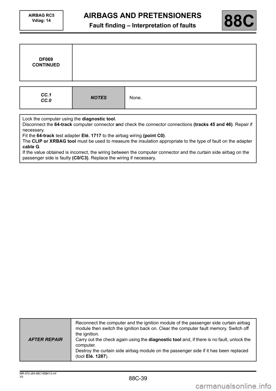 RENAULT SCENIC 2011 J95 / 3.G Air Bag RC5 - Seat Belt Pretensioners Owners Manual 88C-39
MR-372-J84-88C100$413.mif
V5
AIRBAGS AND PRETENSIONERS
Fault finding – Interpretation of faults
AIRBAG RC5 
Vdiag: 14
88C
DF069
CONTINUED
CC.1
CC.0
NOTESNone.
Lock the computer using the diag