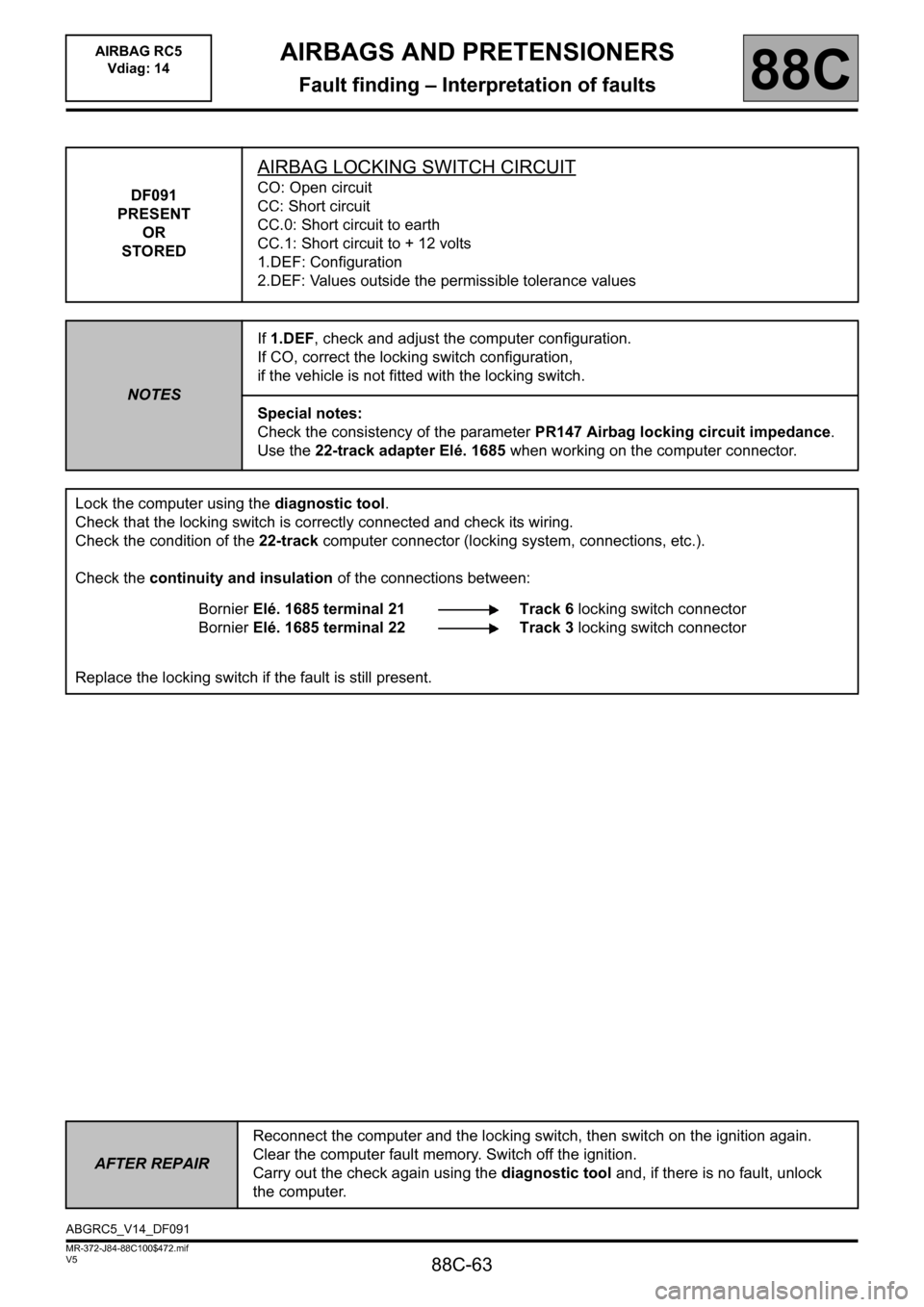 RENAULT SCENIC 2011 J95 / 3.G Air Bag RC5 - Seat Belt Pretensioners Workshop Manual 88C-63
MR-372-J84-88C100$472.mif
V5
AIRBAGS AND PRETENSIONERS
Fault finding – Interpretation of faults
AIRBAG RC5 
Vdiag: 14
88C
DF091
PRESENT
OR
STORED
AIRBAG LOCKING SWITCH CIRCUIT
CO: Open circui