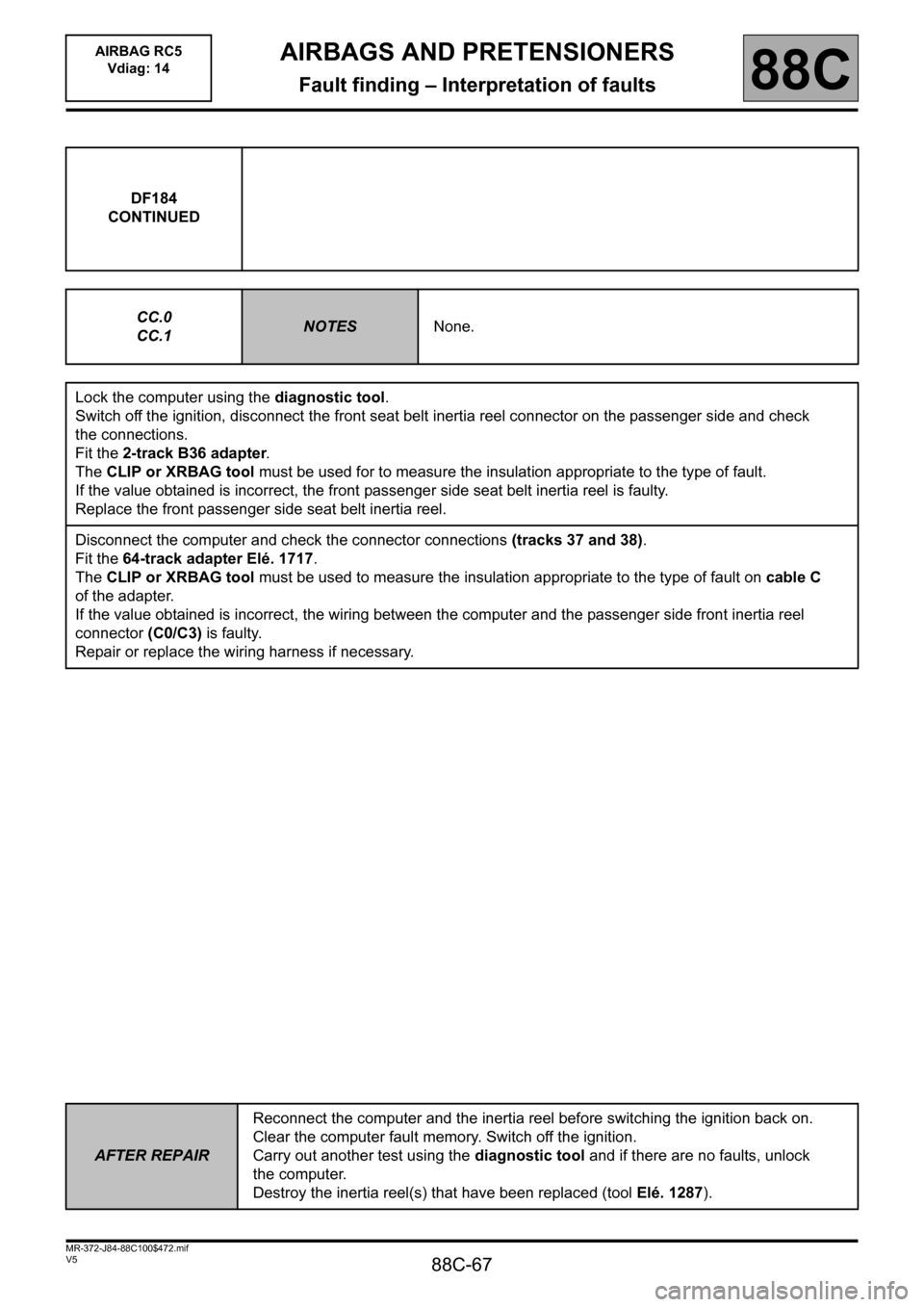 RENAULT SCENIC 2011 J95 / 3.G Air Bag RC5 - Seat Belt Pretensioners Repair Manual 88C-67
MR-372-J84-88C100$472.mif
V5
AIRBAGS AND PRETENSIONERS
Fault finding – Interpretation of faults
AIRBAG RC5
Vdiag: 14
88C
DF184
CONTINUED
CC.0
CC.1
NOTESNone.
Lock the computer using the diag RENAULT SCENIC 2011 J95 / 3.G Air Bag RC5 - Seat Belt Pretensioners Repair Manual 88C-67
MR-372-J84-88C100$472.mif
V5
AIRBAGS AND PRETENSIONERS
Fault finding – Interpretation of faults
AIRBAG RC5
Vdiag: 14
88C
DF184
CONTINUED
CC.0
CC.1
NOTESNone.
Lock the computer using the diag