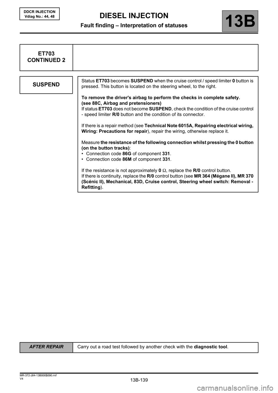 RENAULT SCENIC 2011 J95 / 3.G Engine And Peripherals Workshop Manual 13B-139
AFTER REPAIRCarry out a road test followed by another check with the diagnostic tool.
V4 MR-372-J84-13B000$090.mif
DIESEL INJECTION
Fault finding – Interpretation of statuses13B
DDCR INJECTI
