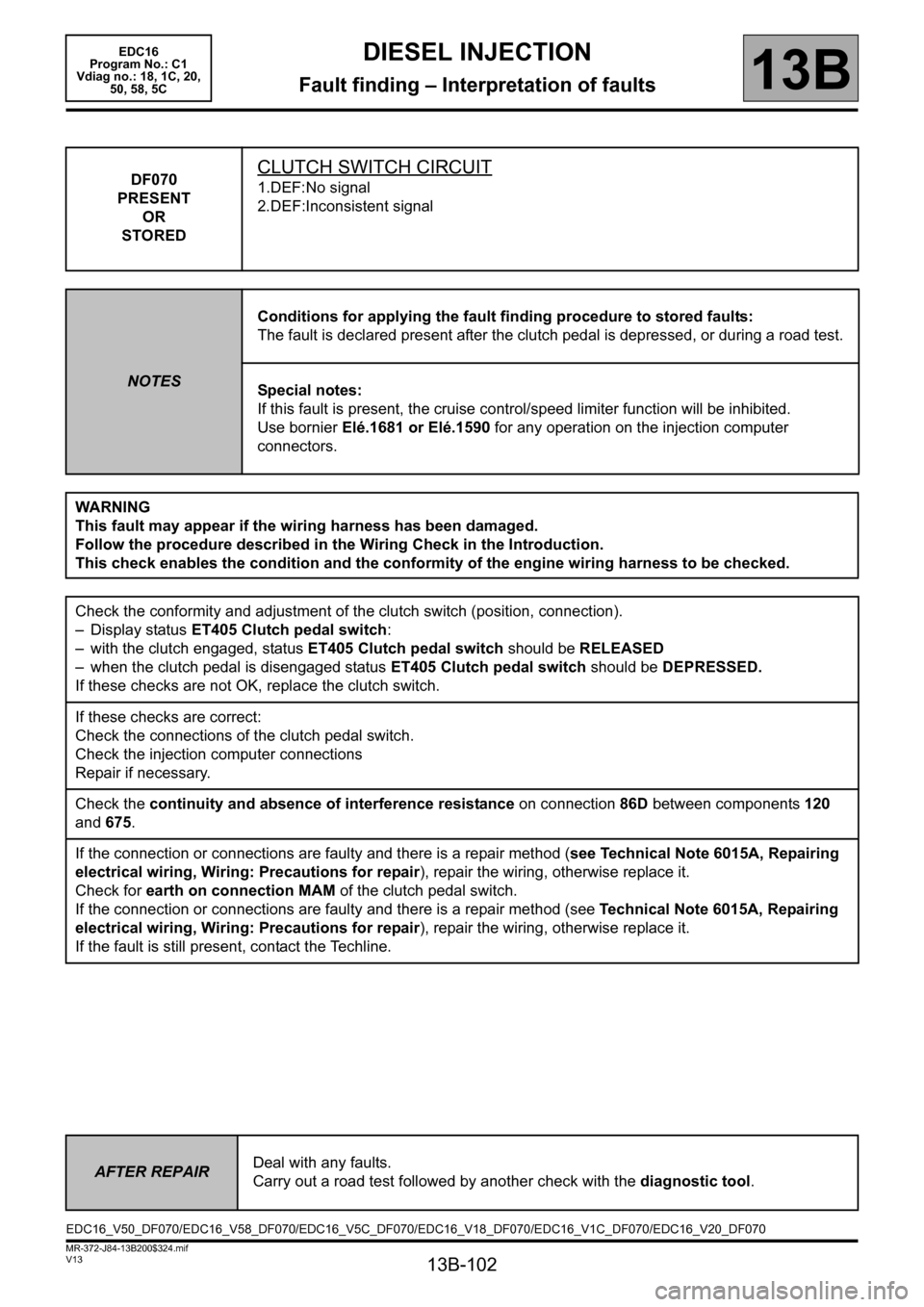 RENAULT SCENIC 2011 J95 / 3.G Engine And Peripherals EDC16 Service Manual 13B-102
MR-372-J84-13B200$324.mif
V13
DIESEL INJECTION
Fault finding – Interpretation of faults
EDC16  
Program No.: C1 
Vdiag no.: 18, 1C, 20,  
50, 58, 5C
13B
DF070
PRESENT
OR
STOREDCLUTCH SWITCH 