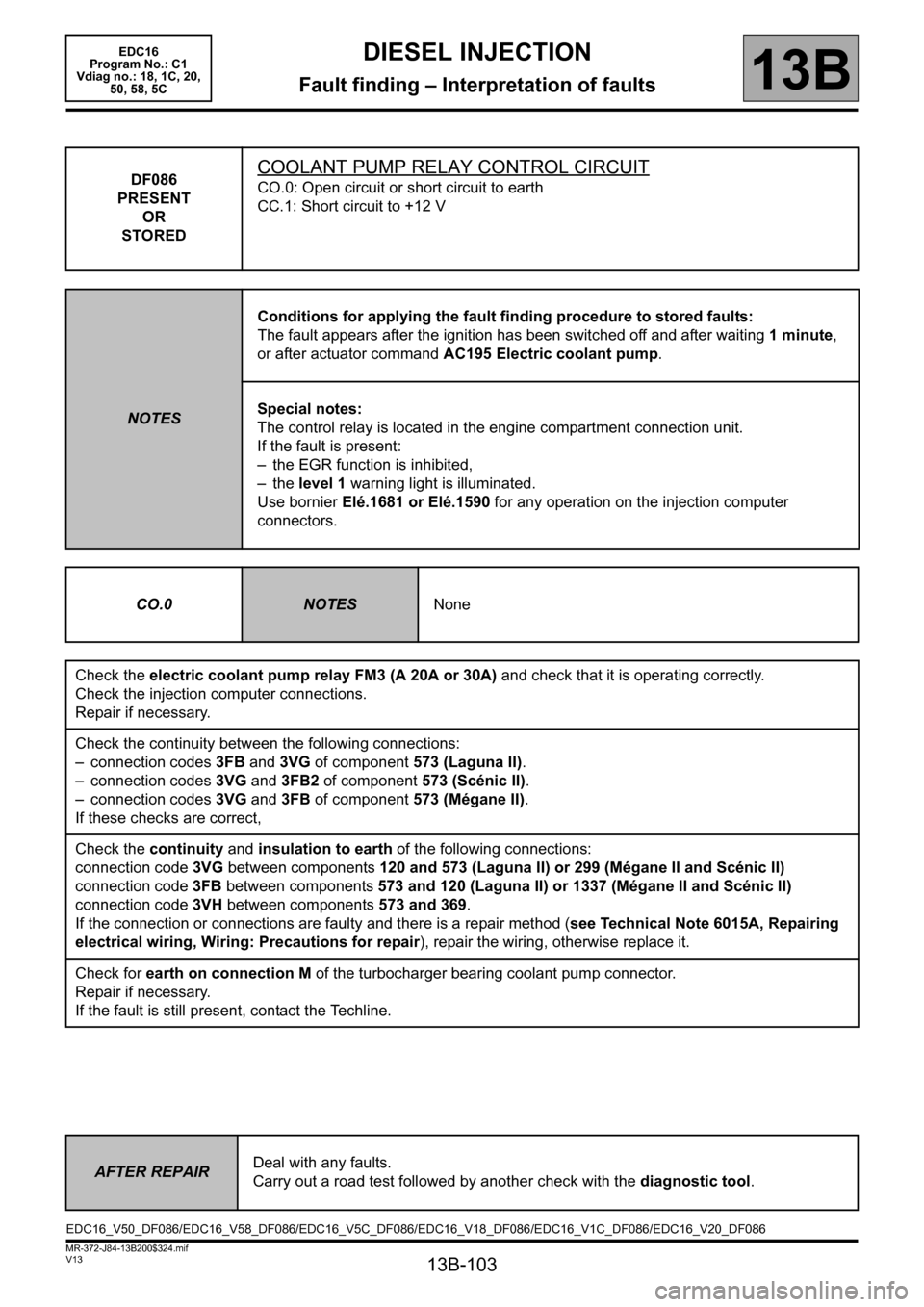 RENAULT SCENIC 2011 J95 / 3.G Engine And Peripherals EDC16 Workshop Manual 13B-103
MR-372-J84-13B200$324.mif
V13
DIESEL INJECTION
Fault finding – Interpretation of faults
EDC16  
Program No.: C1 
Vdiag no.: 18, 1C, 20,  
50, 58, 5C
13B
DF086
PRESENT
OR
STOREDCOOLANT PUMP R