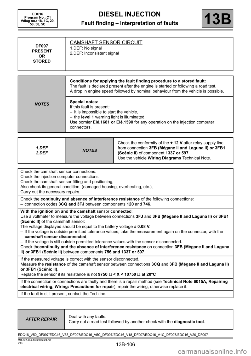 RENAULT SCENIC 2011 J95 / 3.G Engine And Peripherals EDC16 Service Manual 13B-106
MR-372-J84-13B200$324.mif
V13
DIESEL INJECTION
Fault finding – Interpretation of faults
EDC16  
Program No.: C1 
Vdiag no.: 18, 1C, 20,  
50, 58, 5C
13B
DF097
PRESENT
OR
STOREDCAMSHAFT SENSO