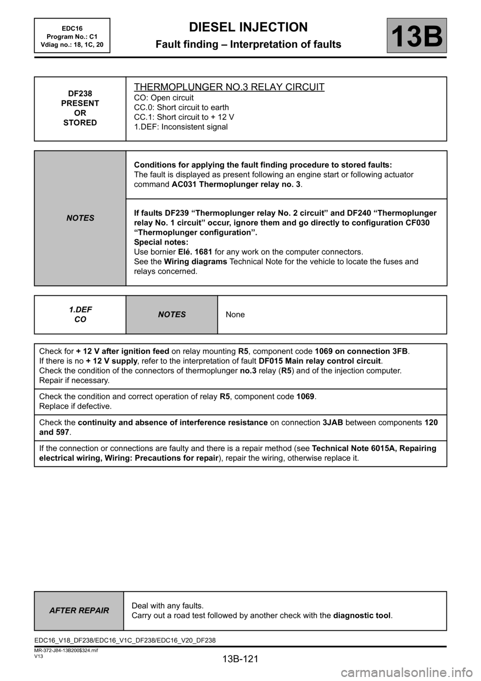 RENAULT SCENIC 2011 J95 / 3.G Engine And Peripherals EDC16 Service Manual 13B-121
MR-372-J84-13B200$324.mif
V13
13B
DIESEL INJECTION
Fault finding – Interpretation of faults
DF238
PRESENT
OR
STOREDTHERMOPLUNGER NO.3 RELAY CIRCUIT
CO: Open circuit
CC.0: Short circuit to ea