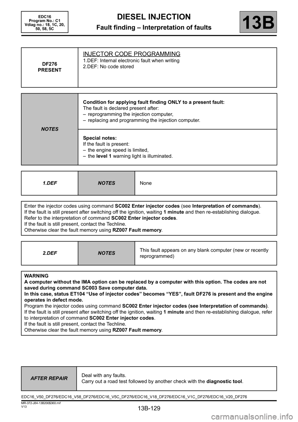 RENAULT SCENIC 2011 J95 / 3.G Engine And Peripherals EDC16 Workshop Manual 13B-129
MR-372-J84-13B200$360.mif
V13
DIESEL INJECTION
Fault finding – Interpretation of faults
EDC16  
Program No.: C1 
Vdiag no.: 18, 1C, 20,  
50, 58, 5C
13B
DF276
PRESENT
INJECTOR CODE PROGRAMMI