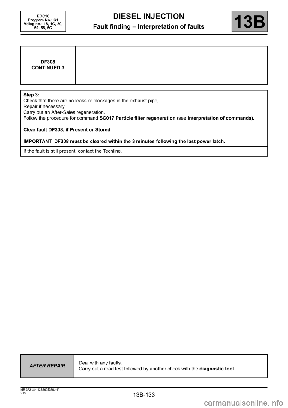 RENAULT SCENIC 2011 J95 / 3.G Engine And Peripherals EDC16 Workshop Manual 13B-133
MR-372-J84-13B200$360.mif
V13
DIESEL INJECTION
Fault finding – Interpretation of faults
EDC16  
Program No.: C1 
Vdiag no.: 18, 1C, 20,  
50, 58, 5C
13B
DF308
CONTINUED 3
Step 3:
Check that 