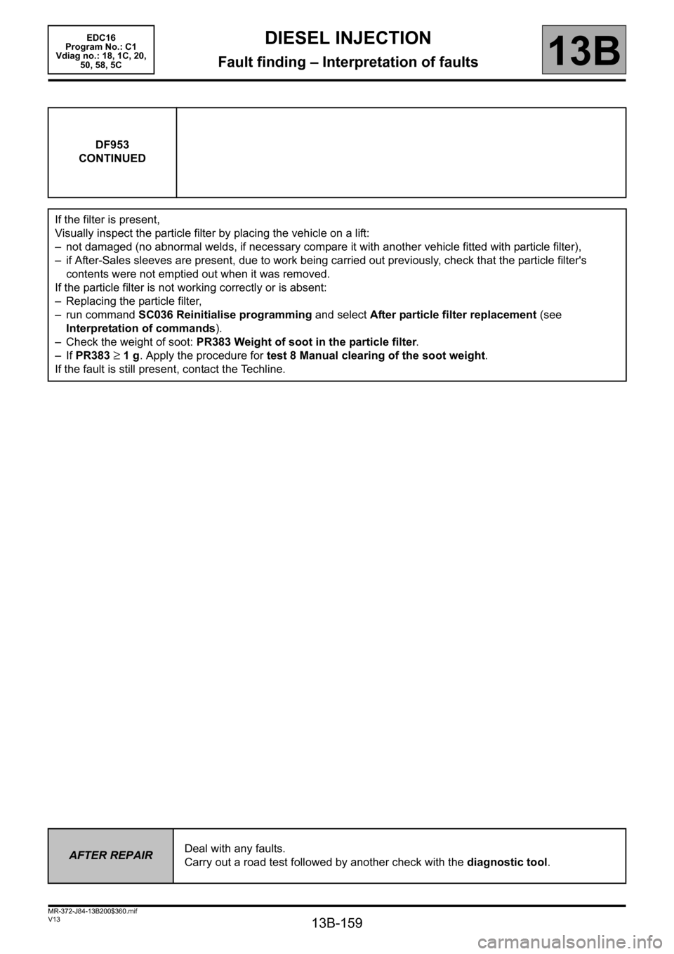 RENAULT SCENIC 2011 J95 / 3.G Engine And Peripherals EDC16 Workshop Manual 13B-159
MR-372-J84-13B200$360.mif
V13
DIESEL INJECTION
Fault finding – Interpretation of faults
EDC16  
Program No.: C1 
Vdiag no.: 18, 1C, 20,  
50, 58, 5C
13B
DF953
CONTINUED
If the filter is pres