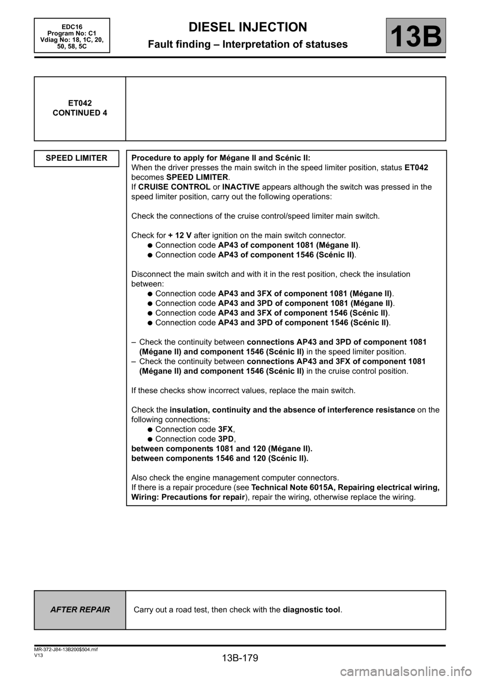 RENAULT SCENIC 2011 J95 / 3.G Engine And Peripherals EDC16 Workshop Manual 13B-179
MR-372-J84-13B200$504.mif
V13
EDC16  
Program No: C1 
Vdiag No: 18, 1C, 20, 
50, 58, 5CDIESEL INJECTION
Fault finding – Interpretation of statuses13B
ET042
CONTINUED 4
SPEED LIMITER
Procedur