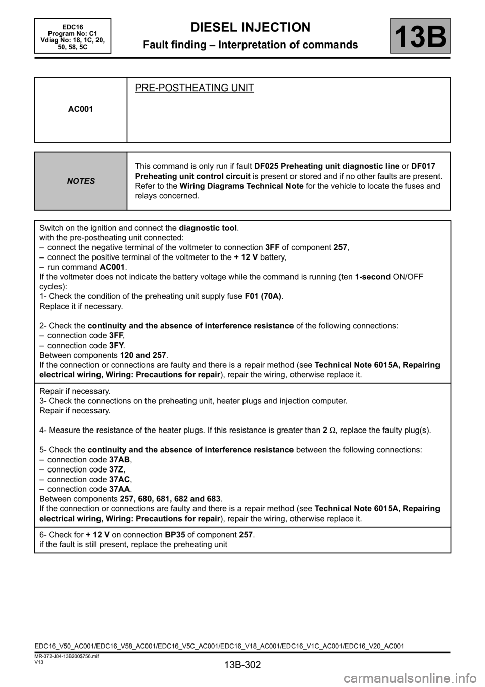 RENAULT SCENIC 2011 J95 / 3.G Engine And Peripherals EDC16 Workshop Manual 13B-302
MR-372-J84-13B200$756.mif
V13
DIESEL INJECTION
Fault finding – Interpretation of commands
EDC16  
Program No: C1 
Vdiag No: 18, 1C, 20, 
50, 58, 5C
13B
AC001
PRE-POSTHEATING UNIT
NOTESThis c