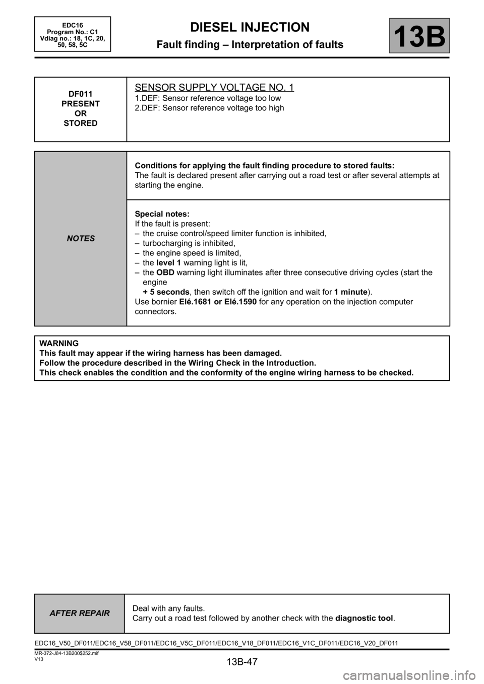 RENAULT SCENIC 2011 J95 / 3.G Engine And Peripherals EDC16 Service Manual 13B-47
MR-372-J84-13B200$252.mif
V13
DIESEL INJECTION
Fault finding – Interpretation of faults
EDC16
Program No.: C1
Vdiag no.: 18, 1C, 20,
50, 58, 5C
13B
DF011
PRESENT
OR
STOREDSENSOR SUPPLY V RENAULT SCENIC 2011 J95 / 3.G Engine And Peripherals EDC16 Service Manual 13B-47
MR-372-J84-13B200$252.mif
V13
DIESEL INJECTION
Fault finding – Interpretation of faults
EDC16
Program No.: C1
Vdiag no.: 18, 1C, 20,
50, 58, 5C
13B
DF011
PRESENT
OR
STOREDSENSOR SUPPLY V