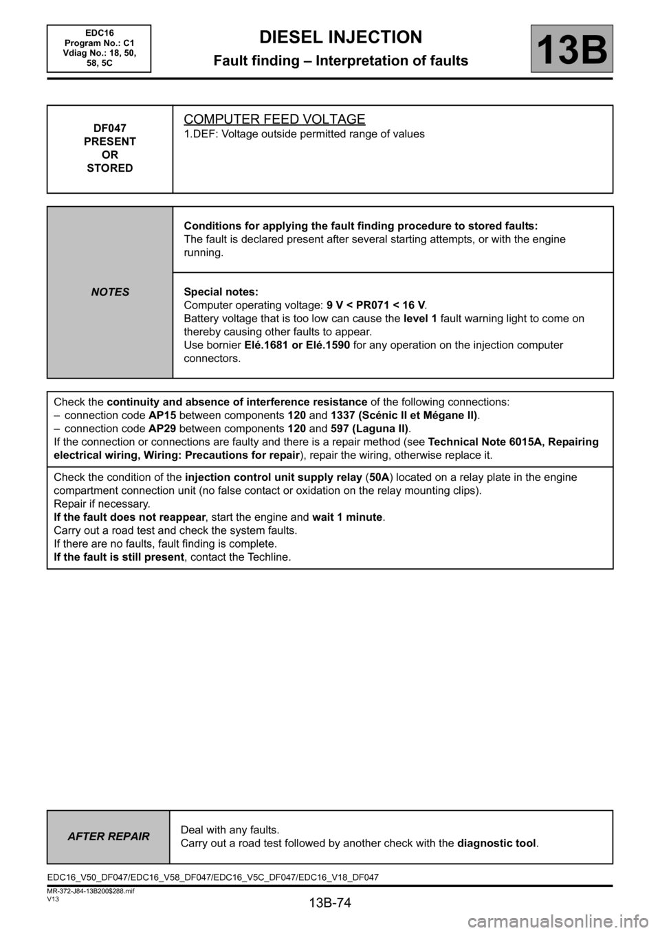 RENAULT SCENIC 2011 J95 / 3.G Engine And Peripherals EDC16 Manual PDF 13B-74
MR-372-J84-13B200$288.mif
V13
13B
DIESEL INJECTION
Fault finding – Interpretation of faults
DF047
PRESENT
OR
STOREDCOMPUTER FEED VOLTAGE
1.DEF: Voltage outside permitted range of values
NOTES