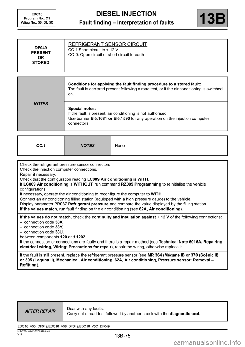 RENAULT SCENIC 2011 J95 / 3.G Engine And Peripherals EDC16 Workshop Manual 13B-75
MR-372-J84-13B200$288.mif
V13
13B
DIESEL INJECTION
Fault finding – Interpretation of faults
DF049
PRESENT
OR
STOREDREFRIGERANT SENSOR CIRCUIT
CC.1:Short circuit to + 12 V
CO.0: Open circuit o