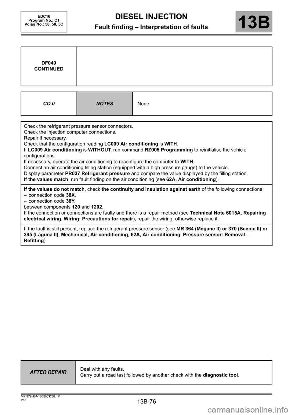 RENAULT SCENIC 2011 J95 / 3.G Engine And Peripherals EDC16 Manual PDF 13B-76
MR-372-J84-13B200$288.mif
V13
DIESEL INJECTION
Fault finding – Interpretation of faults
EDC16  
Program No.: C1 
Vdiag No.: 50, 58, 5C
13B
DF049
CONTINUED
CO.0
NOTESNone
Check the refrigerant