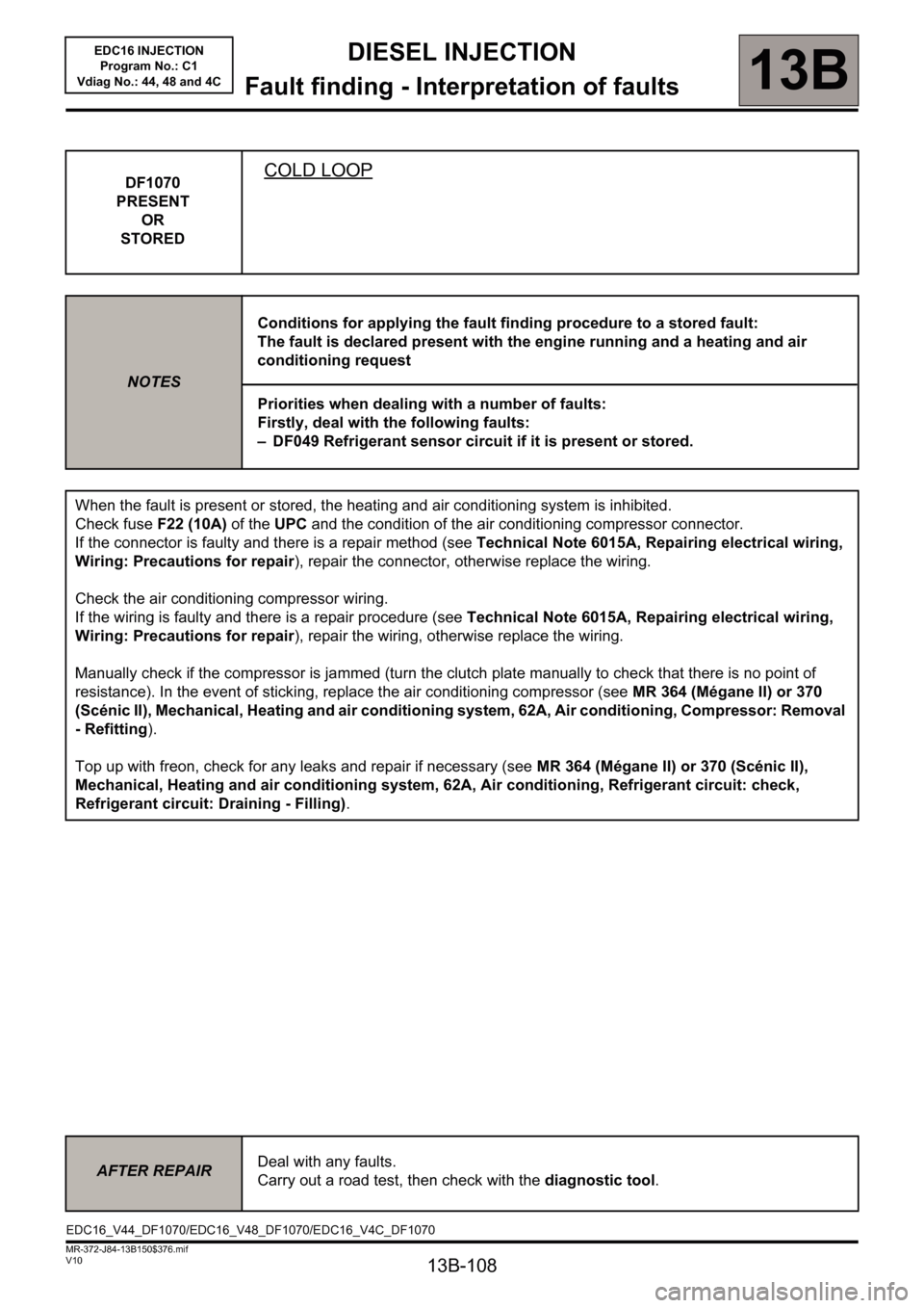 RENAULT SCENIC 2011 J95 / 3.G Engine And Peripherals EDC16 Injection User Guide 13B-108
DIESEL INJECTION
Fault finding - Interpretation of faults
13B
V10 MR-372-J84-13B150$376.mif
EDC16 INJECTION
Program No.: C1
Vdiag No.: 44, 48 and 4C
DF1070
PRESENT 
OR 
STOREDCOLD LOOP
NOTESCo