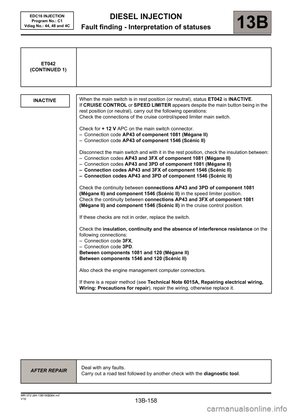 RENAULT SCENIC 2011 J95 / 3.G Engine And Peripherals EDC16 Injection User Guide 13B-158
DIESEL INJECTION
Fault finding - Interpretation of statuses13B
V10 MR-372-J84-13B150$564.mif
EDC16 INJECTION
Program No.: C1
Vdiag No.: 44, 48 and 4C
ET042
(CONTINUED 1)
INACTIVE
When the main