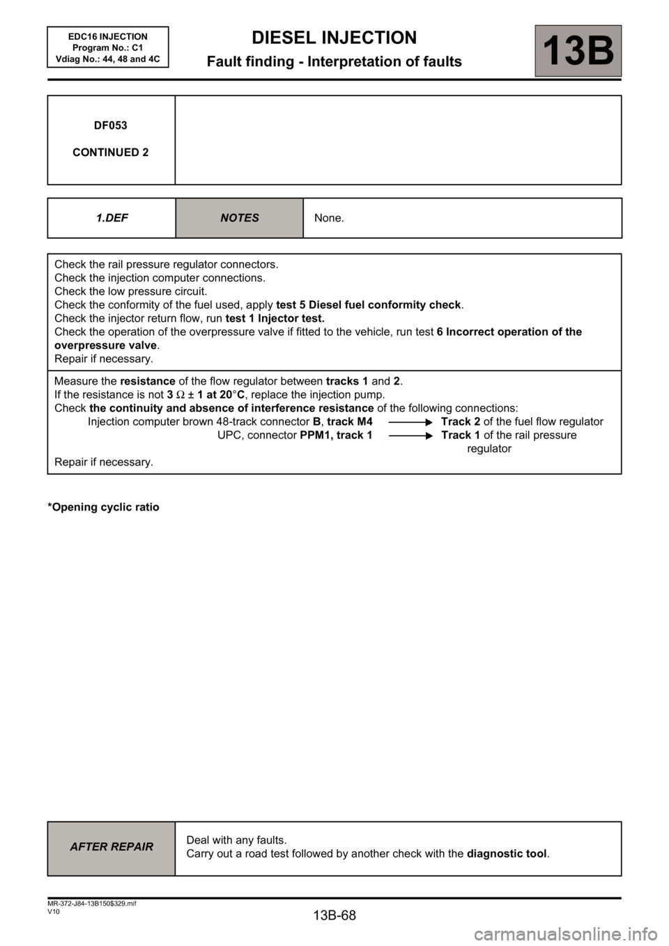 RENAULT SCENIC 2011 J95 / 3.G Engine And Peripherals EDC16 Injection Repair Manual 13B-68
DIESEL INJECTION
Fault finding - Interpretation of faults13B
V10 MR-372-J84-13B150$329.mif
EDC16 INJECTION
Program No.: C1
Vdiag No.: 44, 48 and 4C
*Opening cyclic ratioDF053
CONTINUED 2
1.DEF
