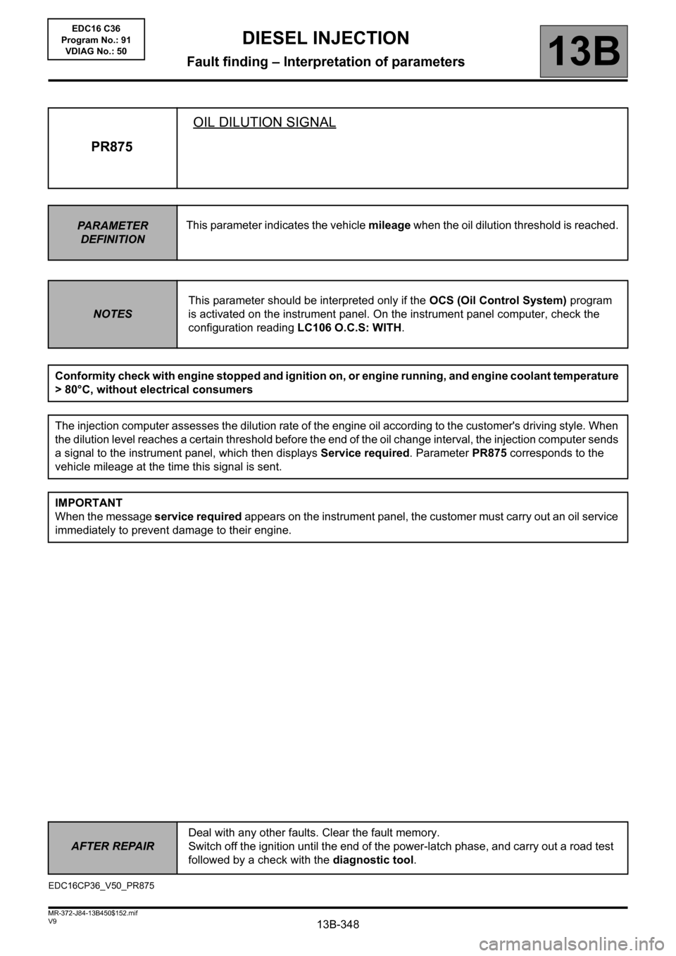 RENAULT SCENIC 2011 J95 / 3.G Engine And Peripherals EDC16C36 Workshop Manual 13B-348V9 MR-372-J84-13B450$152.mif
DIESEL INJECTION
Fault finding – Interpretation of parameters13B
PR875OIL DILUTION SIGNAL
PARAMETER 
DEFINITIONThis parameter indicates the vehicle mileage when t