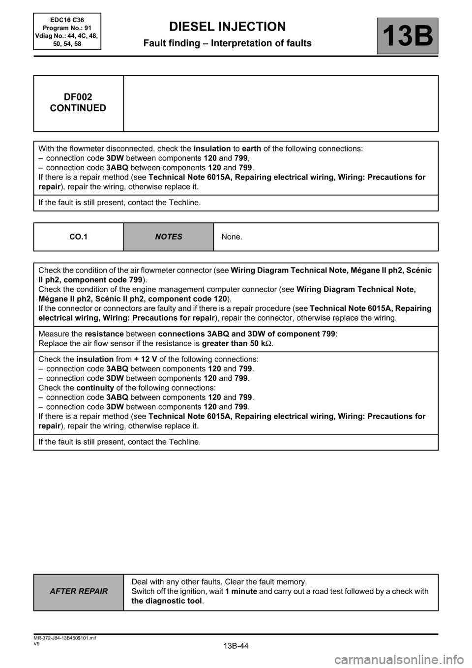RENAULT SCENIC 2011 J95 / 3.G Engine And Peripherals EDC16C36 User Guide 13B-44V9 MR-372-J84-13B450$101.mif
DIESEL INJECTION
Fault finding – Interpretation of faults13B
DF002
CONTINUED
With the flowmeter disconnected, check the insulation to earth of the following connec