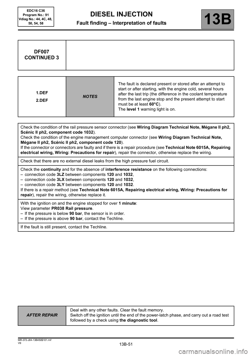 RENAULT SCENIC 2011 J95 / 3.G Engine And Peripherals EDC16C36 Repair Manual 13B-51V9 MR-372-J84-13B450$101.mif
DIESEL INJECTION
Fault finding – Interpretation of faults13B
DF007
CONTINUED 3
1.DEF
2.DEFNOTESThe fault is declared present or stored after an attempt to 
start o
