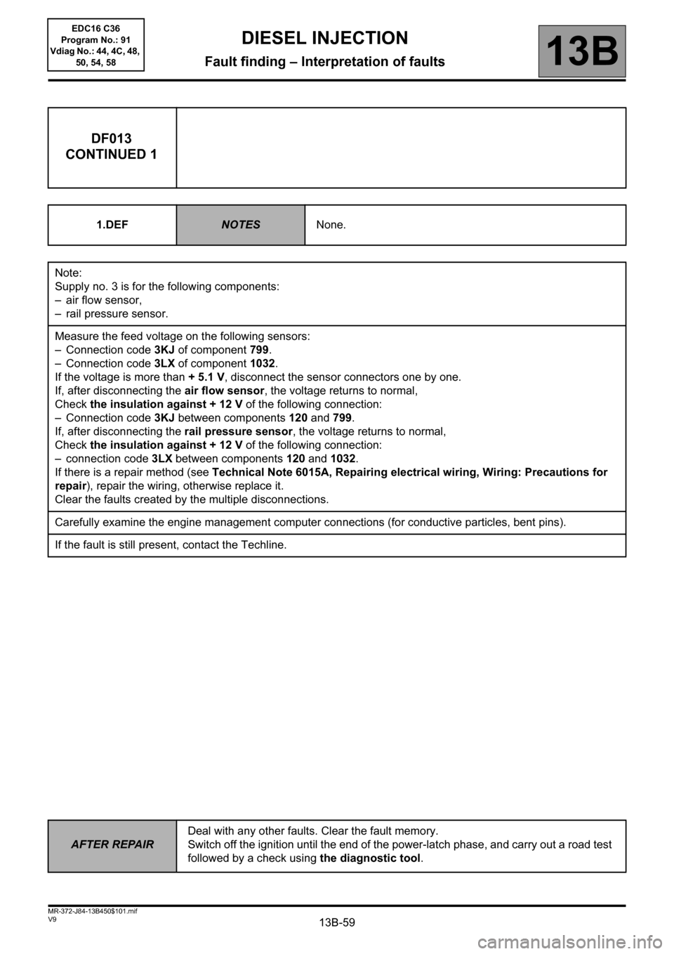 RENAULT SCENIC 2011 J95 / 3.G Engine And Peripherals EDC16C36 Repair Manual 13B-59V9 MR-372-J84-13B450$101.mif
DIESEL INJECTION
Fault finding – Interpretation of faults13B
DF013
CONTINUED 1
1.DEFNOTESNone.
Note:
Supply no. 3 is for the following components:
– air flow sen