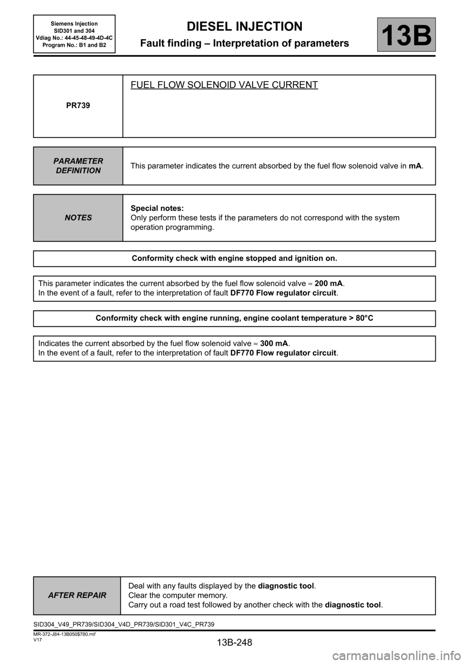 RENAULT SCENIC 2011 J95 / 3.G Engine And Peripherals Siemens Injection Workshop Manual 13B-248
MR-372-J84-13B050$780.mif
V17
DIESEL INJECTION
Fault finding – Interpretation of parameters
Siemens Injection 
SID301 and 304 
Vdiag No.: 44-45-48-49-4D-4C 
Program No.: B1 and B2
13B
PR739
