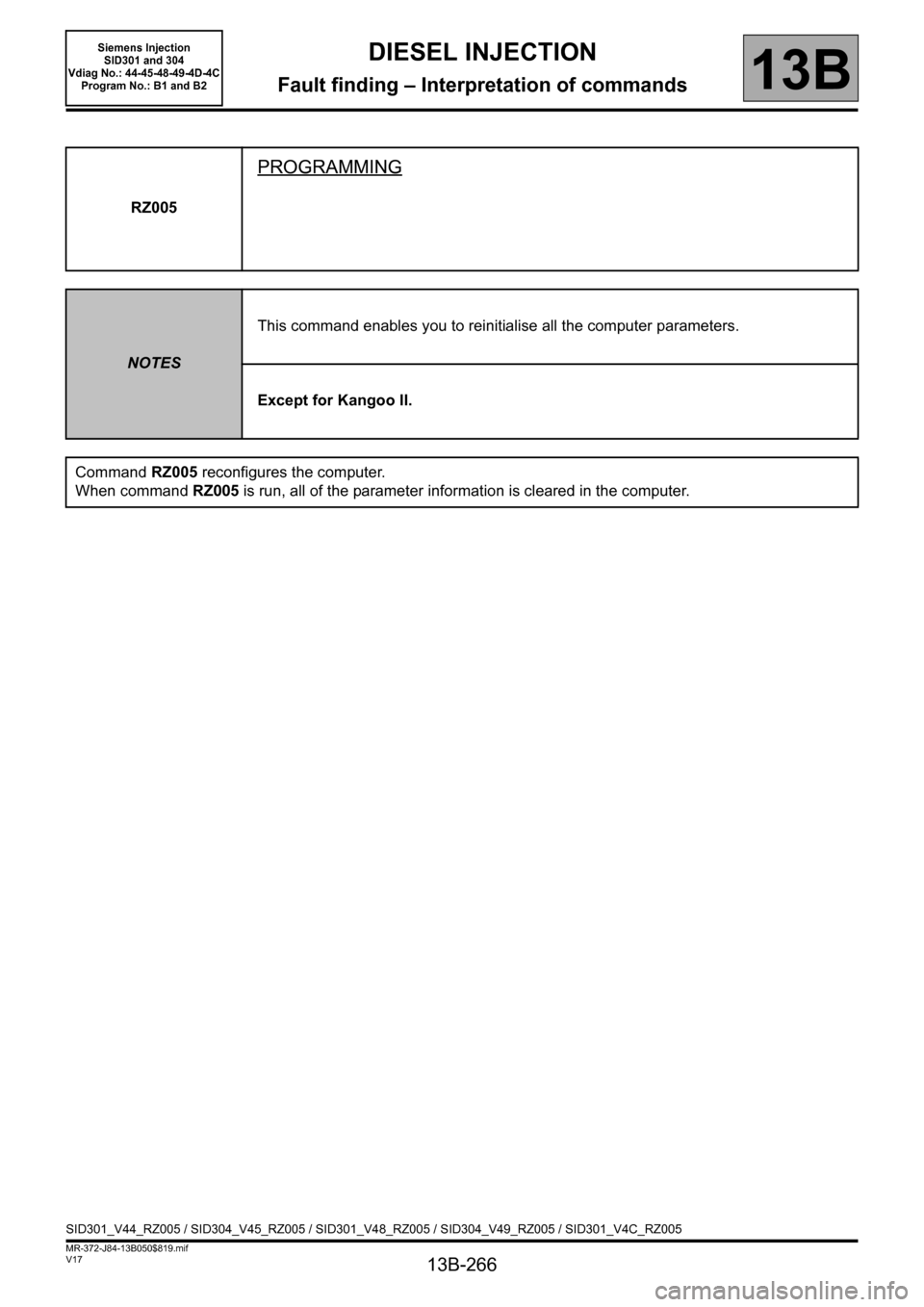 RENAULT SCENIC 2011 J95 / 3.G Engine And Peripherals Siemens Injection Workshop Manual 13B-266
MR-372-J84-13B050$819.mif
V17
DIESEL INJECTION
Fault finding – Interpretation of commands
Siemens Injection 
SID301 and 304  
Vdiag No.: 44-45-48-49-4D-4C 
Program No.: B1 and B2
13B
RZ005
P