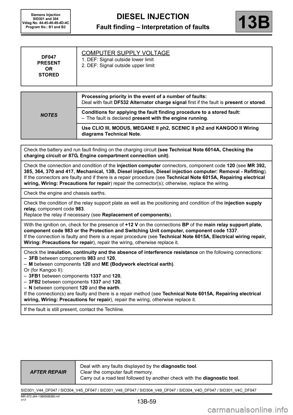 RENAULT SCENIC 2011 J95 / 3.G Engine And Peripherals Siemens Injection Service Manual 13B-59
MR-372-J84-13B050$390.mif
V17
DIESEL INJECTION
Fault finding – Interpretation of faults
Siemens Injection 
SID301 and 304  
Vdiag No. 44-45-48-49-4D-4C 
Program No.: B1 and B2
13B
DF047
PRESE