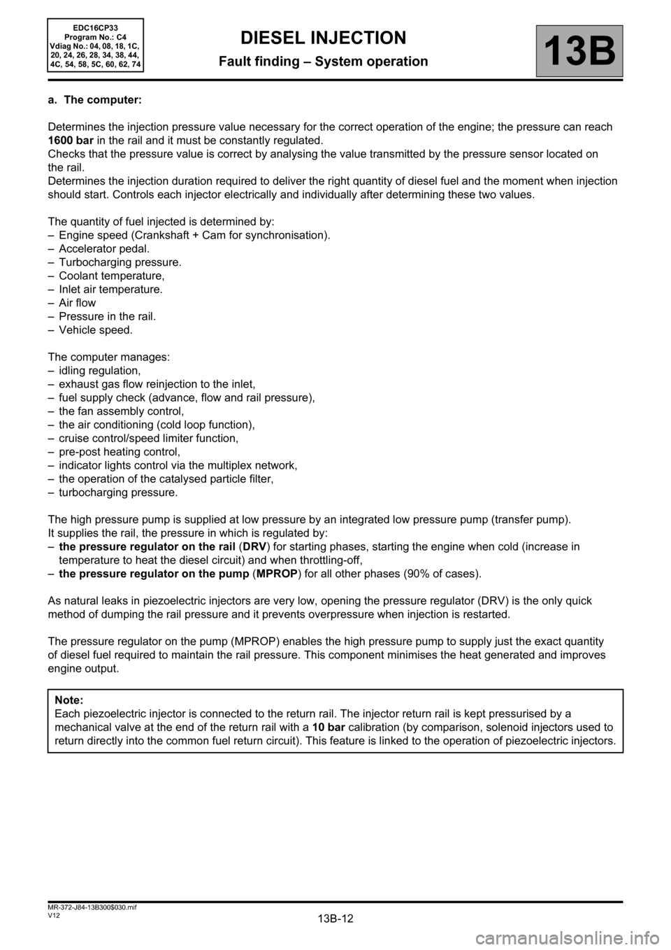 RENAULT SCENIC 2012 J95 / 3.G Engine And Peripherals EDC16CP33 User Guide 13B-12V12 MR-372-J84-13B300$030.mif
DIESEL INJECTION
Fault finding – System operation13B
EDC16CP33
Program No.: C4
Vdiag No.: 04, 08, 18, 1C, 
20, 24, 26, 28, 34, 38, 44, 
4C, 54, 58, 5C, 60, 62, 74