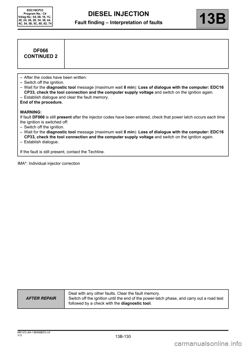 RENAULT SCENIC 2012 J95 / 3.G Engine And Peripherals EDC16CP33 Workshop Manual 13B-130
AFTER REPAIRDeal with any other faults. Clear the fault memory. 
Switch off the ignition until the end of the power-latch phase, and carry out a road test 
followed by a check with the diagnos