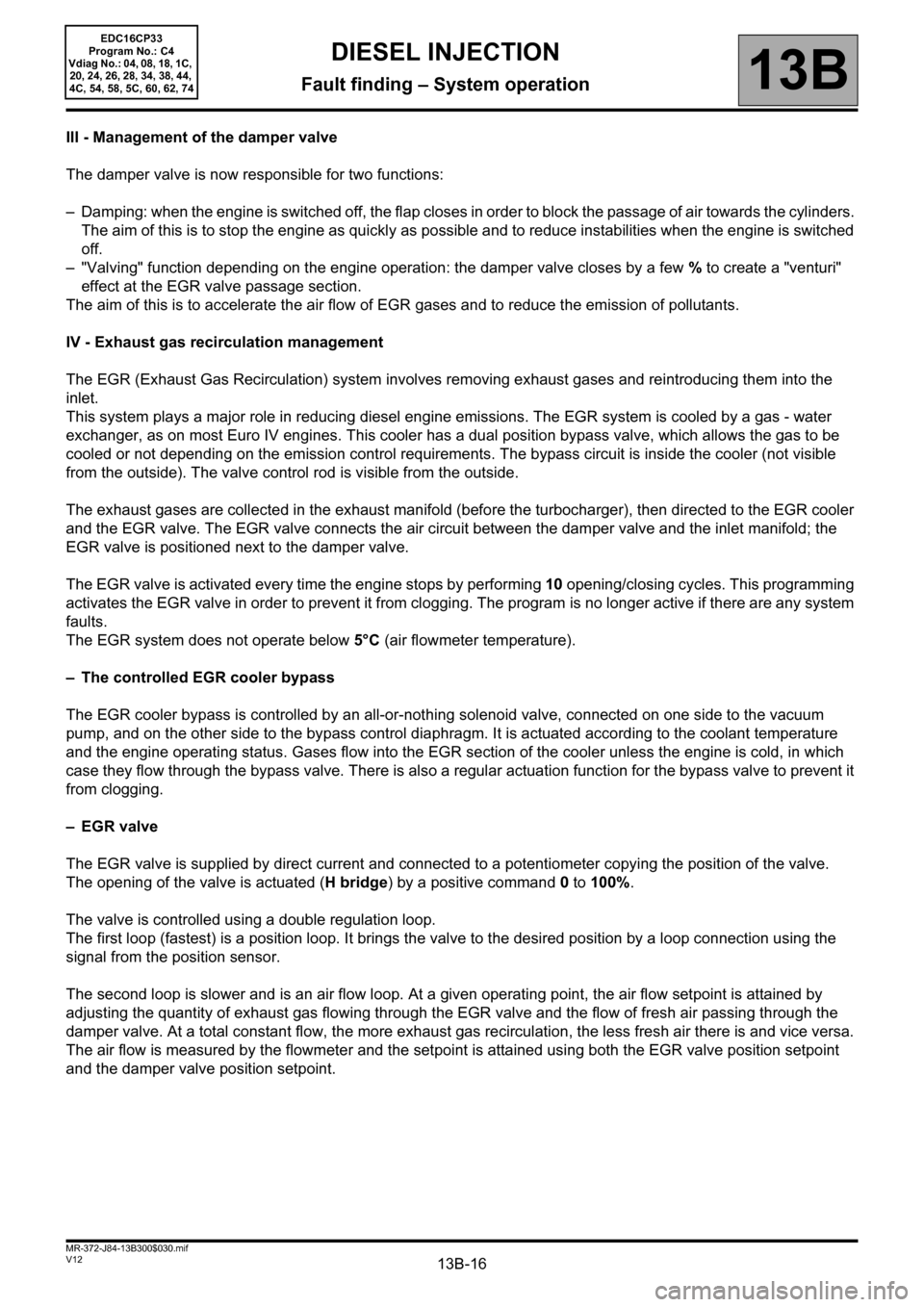 RENAULT SCENIC 2012 J95 / 3.G Engine And Peripherals EDC16CP33 User Guide 13B-16V12 MR-372-J84-13B300$030.mif
DIESEL INJECTION
Fault finding – System operation13B
EDC16CP33
Program No.: C4
Vdiag No.: 04, 08, 18, 1C, 
20, 24, 26, 28, 34, 38, 44, 
4C, 54, 58, 5C, 60, 62, 74