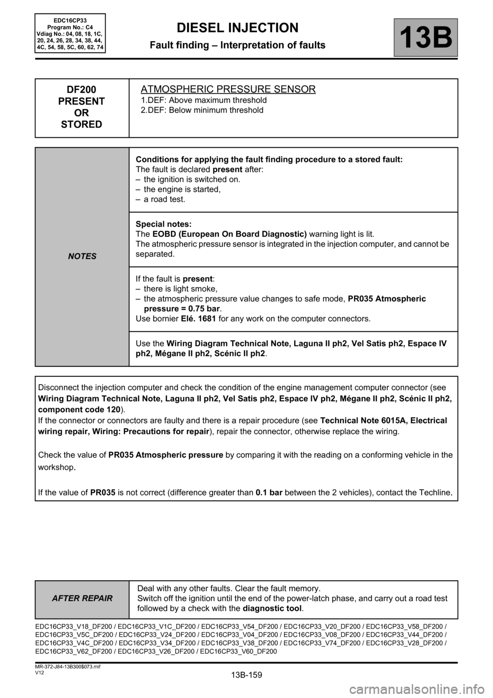 RENAULT SCENIC 2012 J95 / 3.G Engine And Peripherals EDC16CP33 Workshop Manual 13B-159
AFTER REPAIRDeal with any other faults. Clear the fault memory. 
Switch off the ignition until the end of the power-latch phase, and carry out a road test 
followed by a check with the diagnos