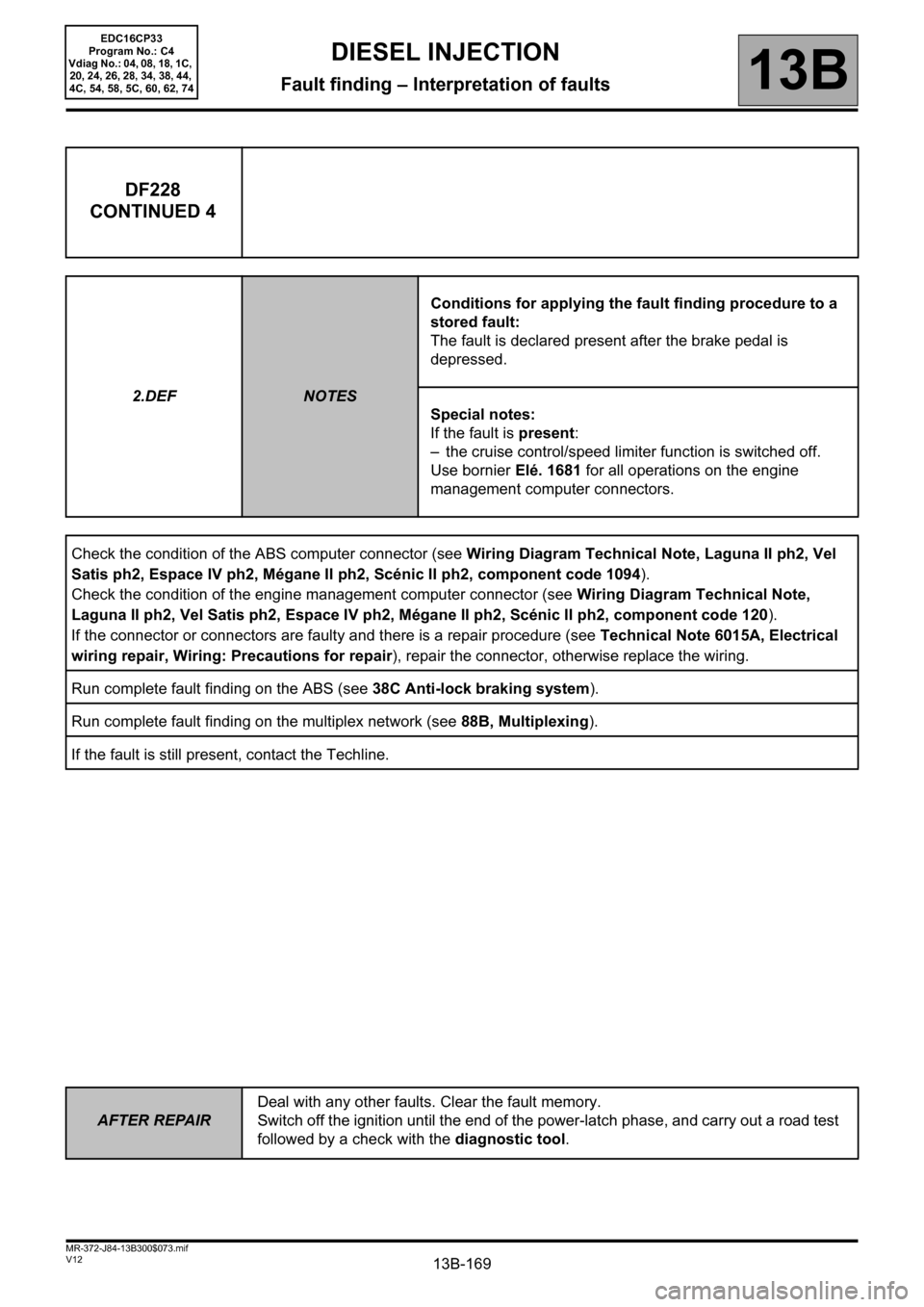 RENAULT SCENIC 2012 J95 / 3.G Engine And Peripherals EDC16CP33 User Guide 13B-169
AFTER REPAIRDeal with any other faults. Clear the fault memory. 
Switch off the ignition until the end of the power-latch phase, and carry out a road test 
followed by a check with the diagnos