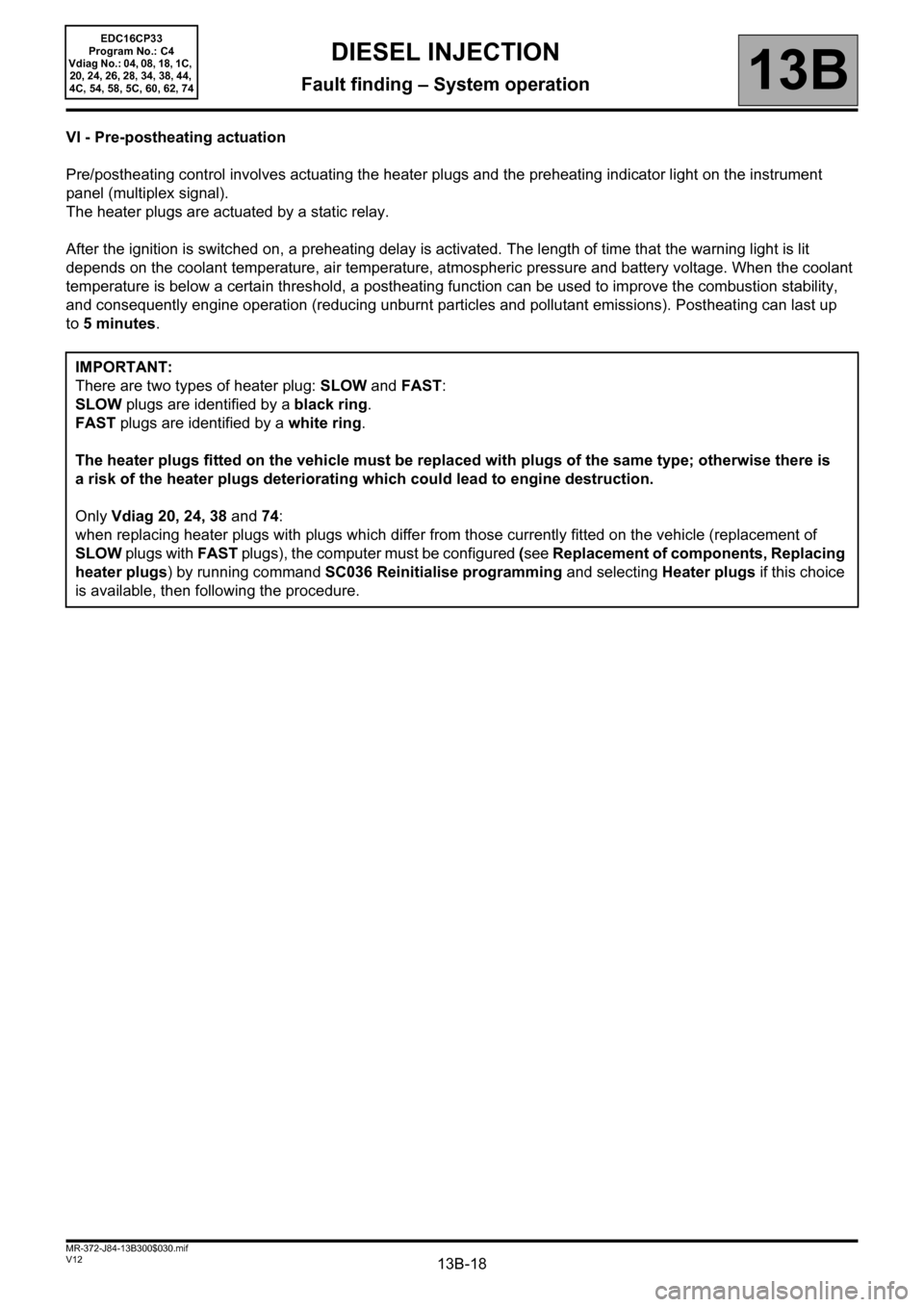 RENAULT SCENIC 2012 J95 / 3.G Engine And Peripherals EDC16CP33 Workshop Manual 13B-18V12 MR-372-J84-13B300$030.mif
DIESEL INJECTION
Fault finding – System operation13B
EDC16CP33
Program No.: C4
Vdiag No.: 04, 08, 18, 1C, 
20, 24, 26, 28, 34, 38, 44, 
4C, 54, 58, 5C, 60, 62, 74