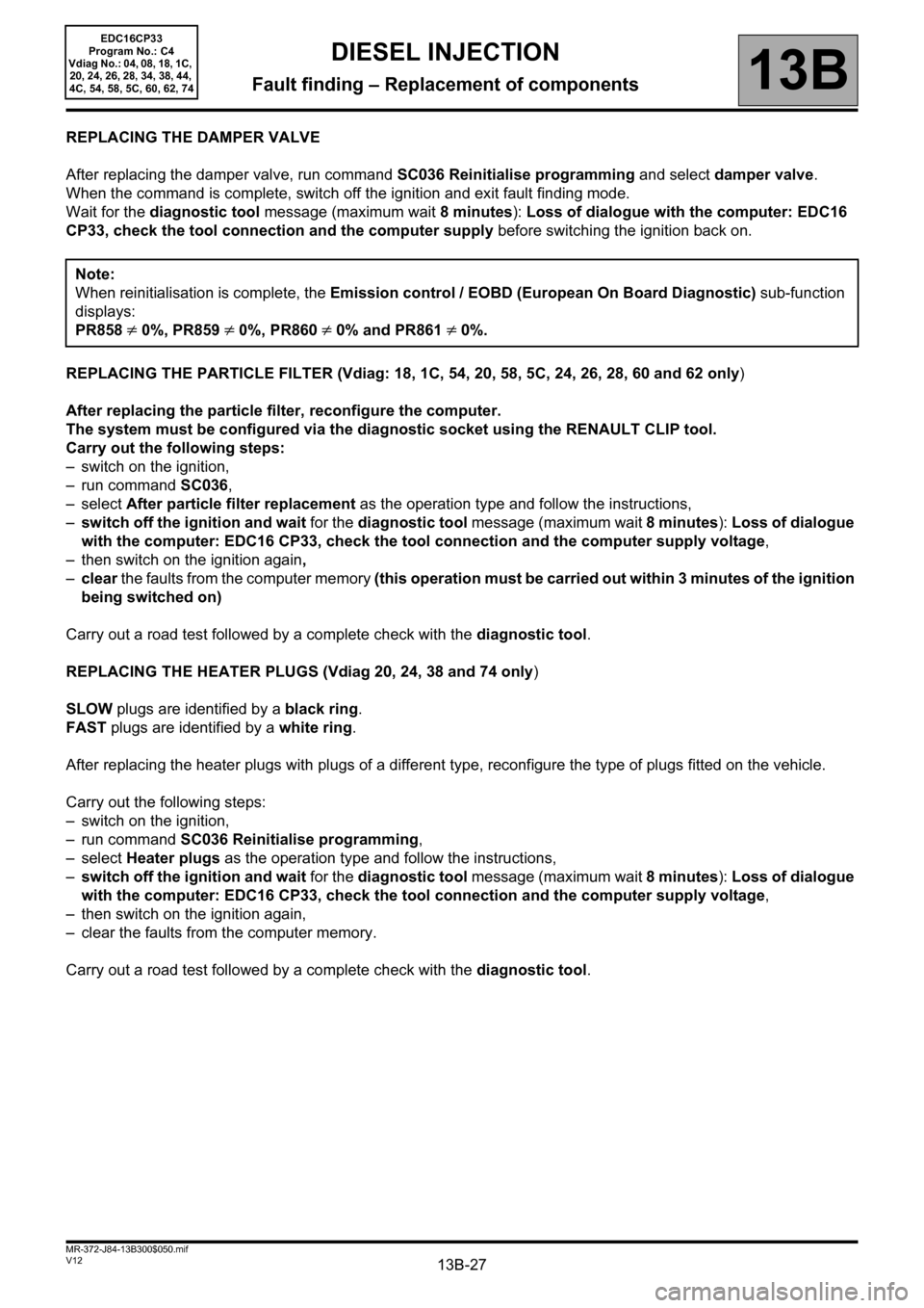 RENAULT SCENIC 2012 J95 / 3.G Engine And Peripherals EDC16CP33 Owners Manual 13B-27V12 MR-372-J84-13B300$050.mif
DIESEL INJECTION
Fault finding – Replacement of components13B
EDC16CP33
Program No.: C4
Vdiag No.: 04, 08, 18, 1C, 
20, 24, 26, 28, 34, 38, 44, 
4C, 54, 58, 5C, 6