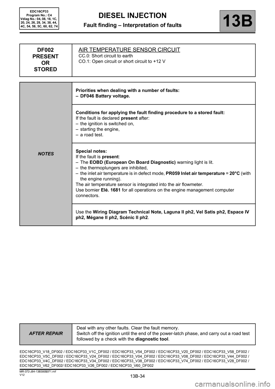 RENAULT SCENIC 2012 J95 / 3.G Engine And Peripherals EDC16CP33 Owners Guide 13B-34
AFTER REPAIRDeal with any other faults. Clear the fault memory. 
Switch off the ignition until the end of the power-latch phase, and carry out a road test 
followed by a check with the diagnost